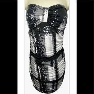 XOXO Juniors Silky Ruched Strapless Dress L White Gray Black Sweetheart Neckline